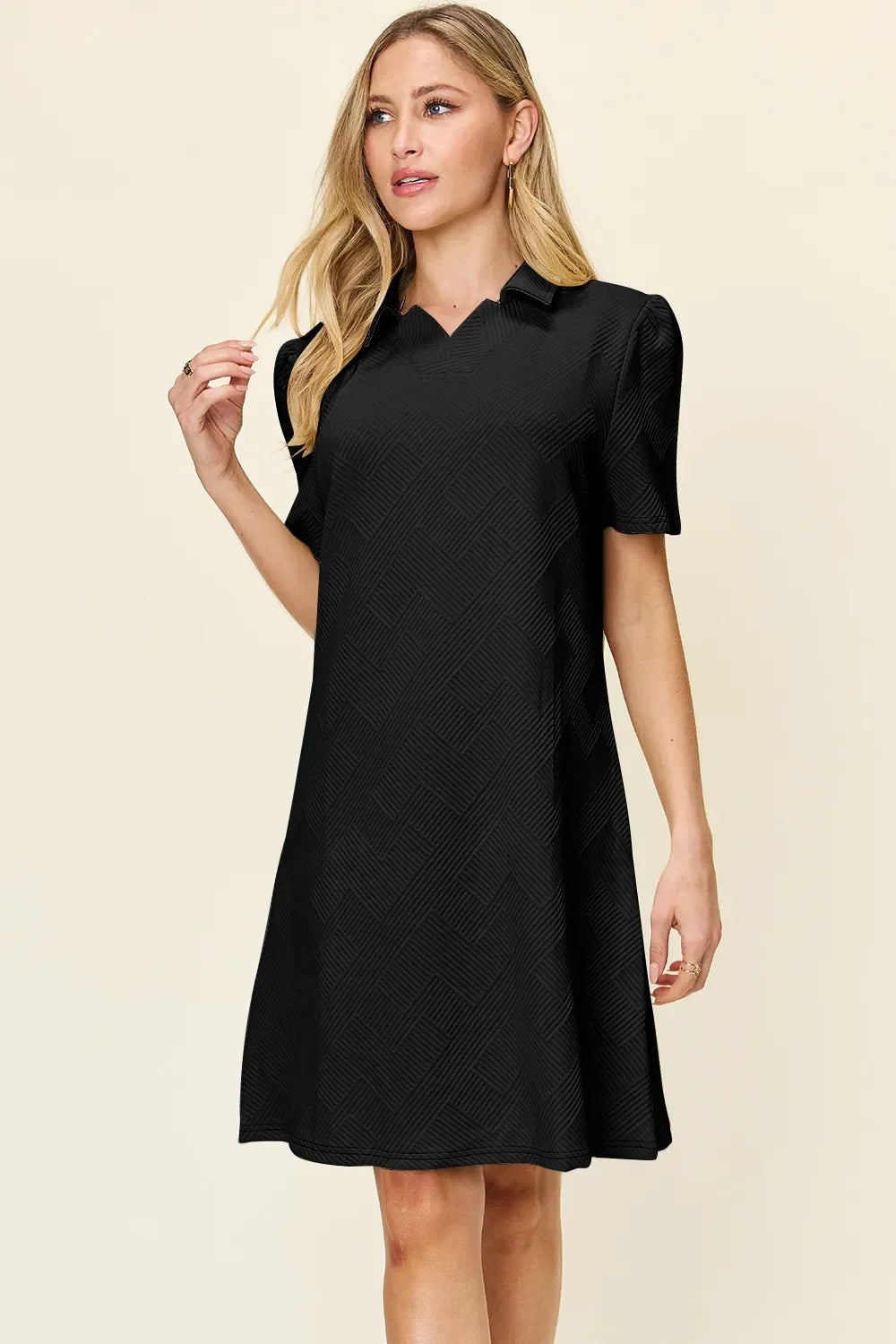 Double Take Textured Collared Short Sleeve Dress