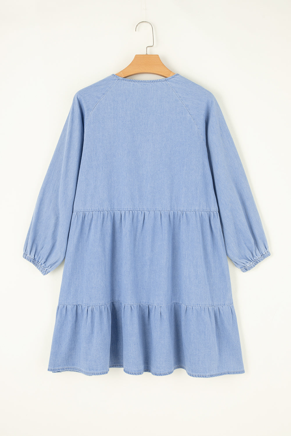 Minivestido Chambray Escote en Pico Manga Abullonada con Volantes por Niveles Azul Beau