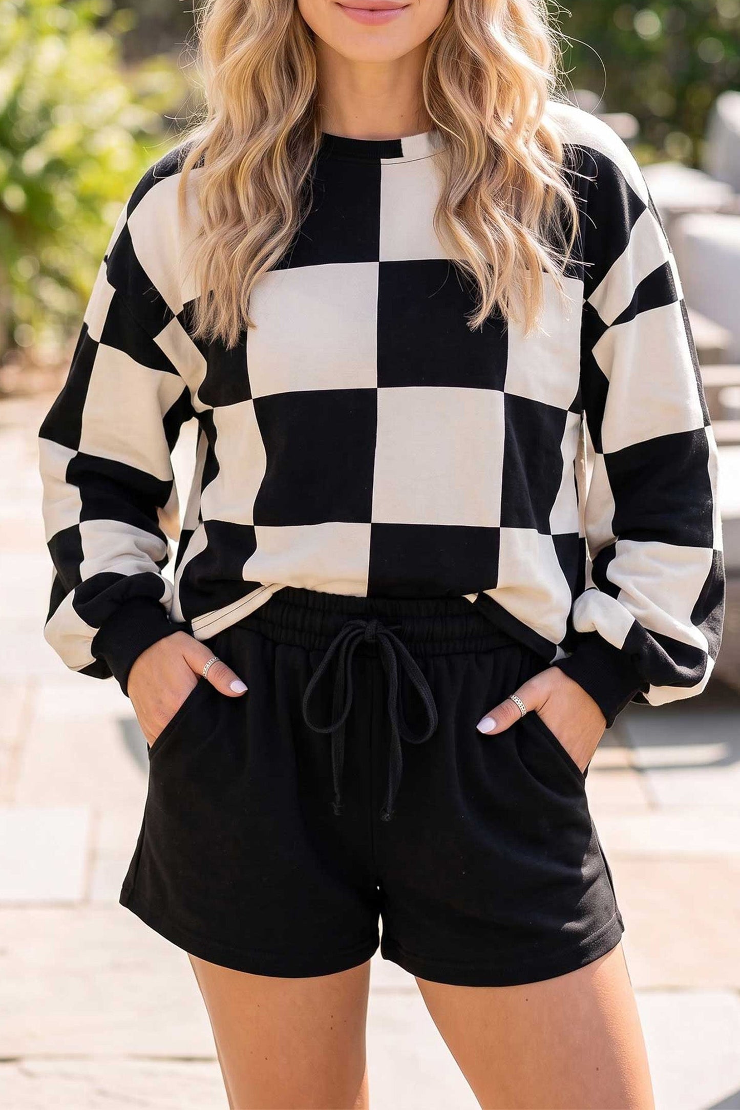 Red Checkerboard Plaid Long Sleeve Solid Color Shorts 2pcs Set