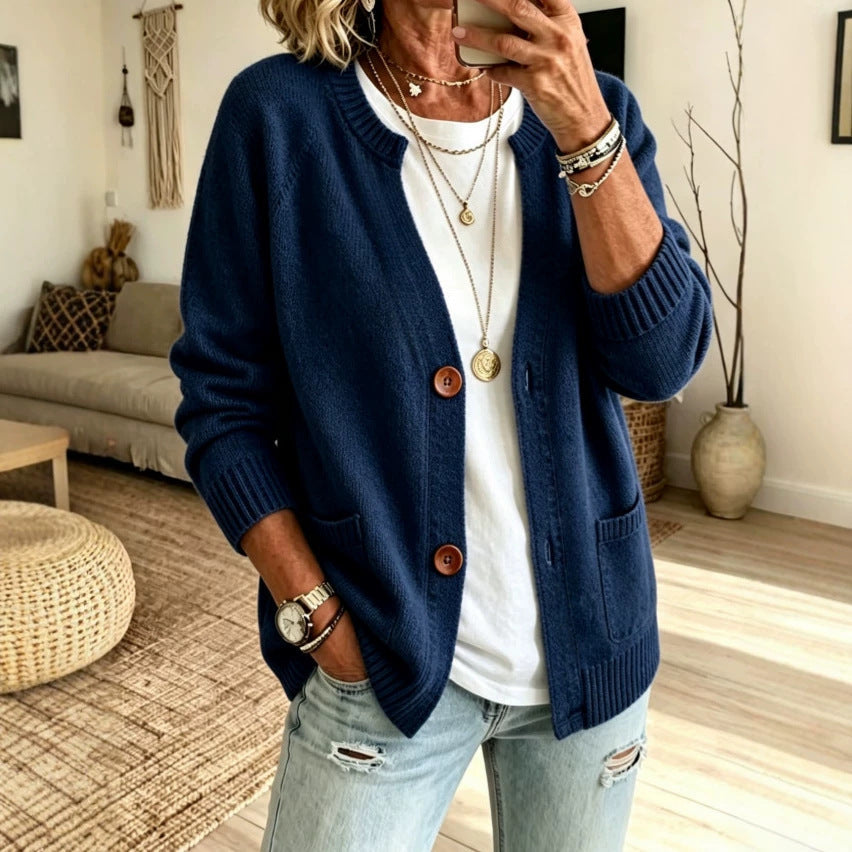 European And American-style Knitted Cardigan Sweater With A Stand-up Collar