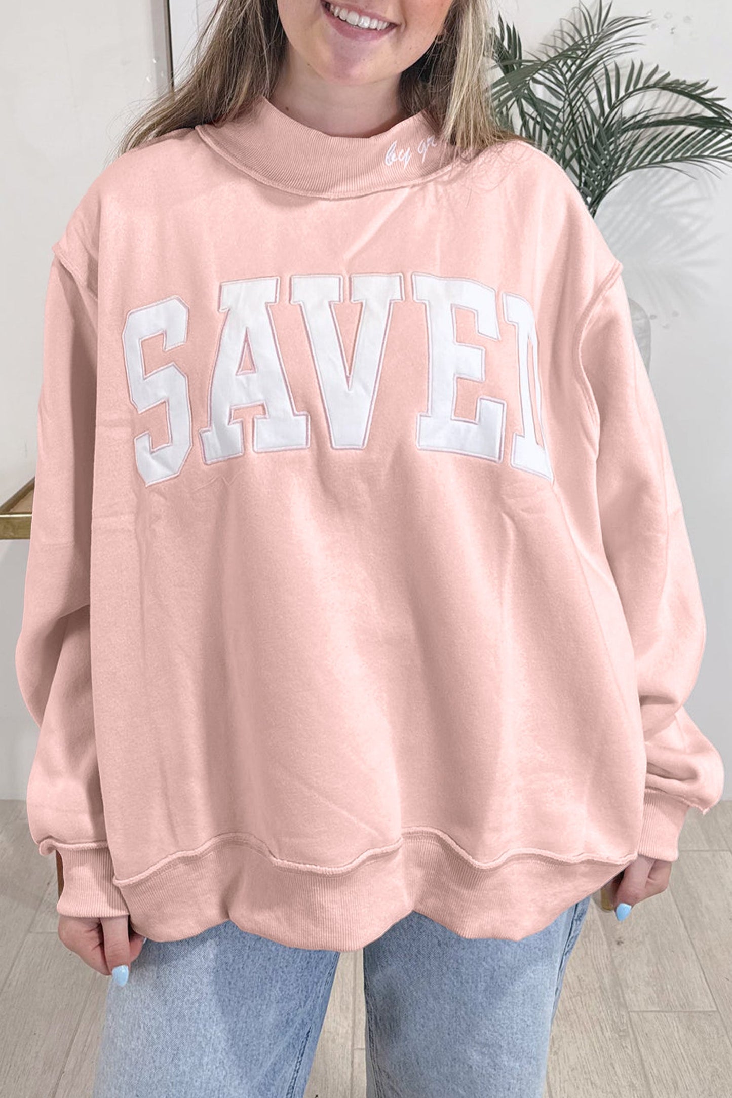 Pink Saved By Grace Embroidered Detail Letter Graphic High Neck Sweatshirt