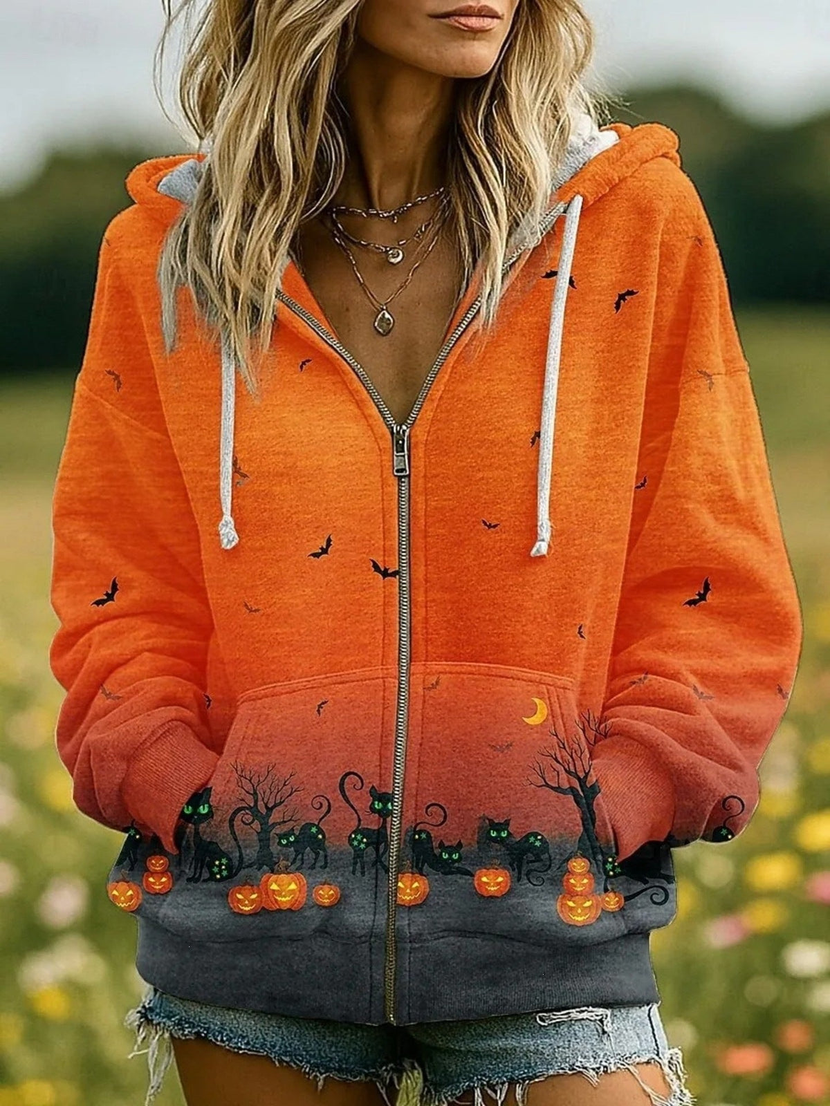 European And American Style Halloween Hooded Cardigan Women's Top Creative Skull Floral Wing Print Ladies Zip-Up Jacket