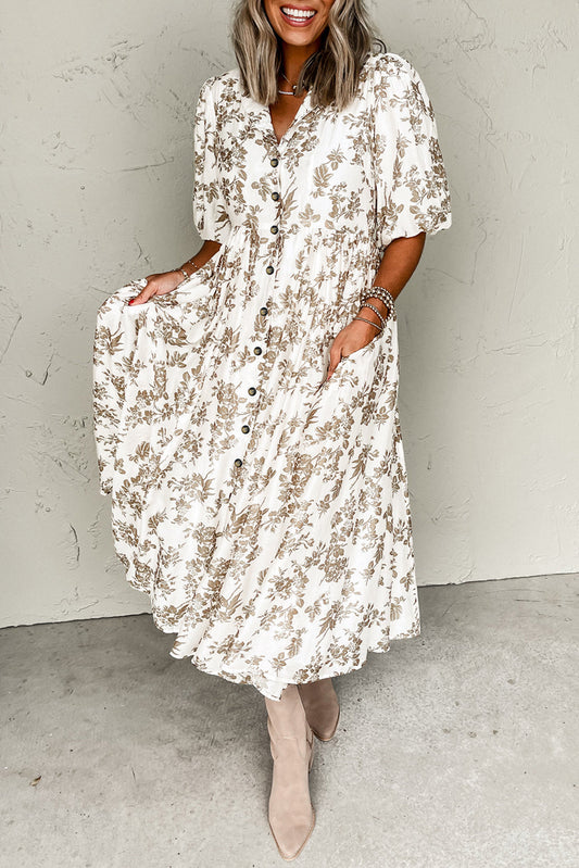 Vestido Maxi con Mangas Abullonadas y Escote en V con Botones Delanteros de Estampado Floral Color Caqui