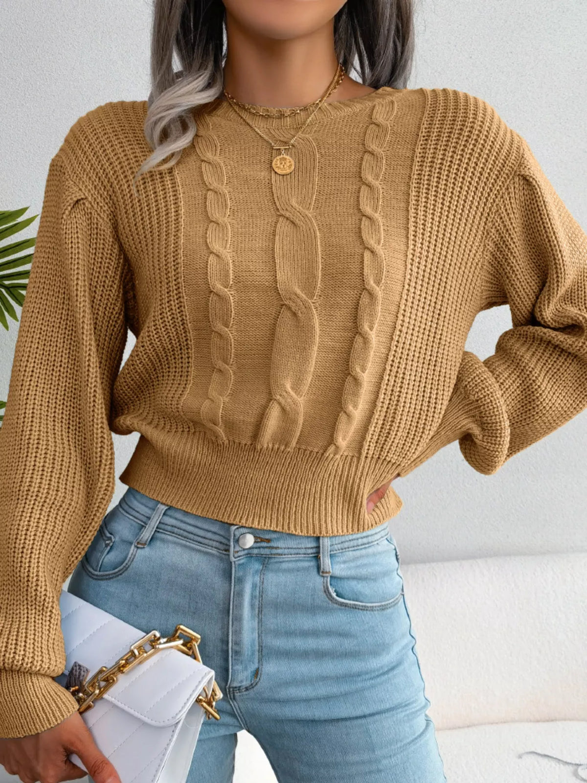Cable Knit Round Neck Cropped Sweater