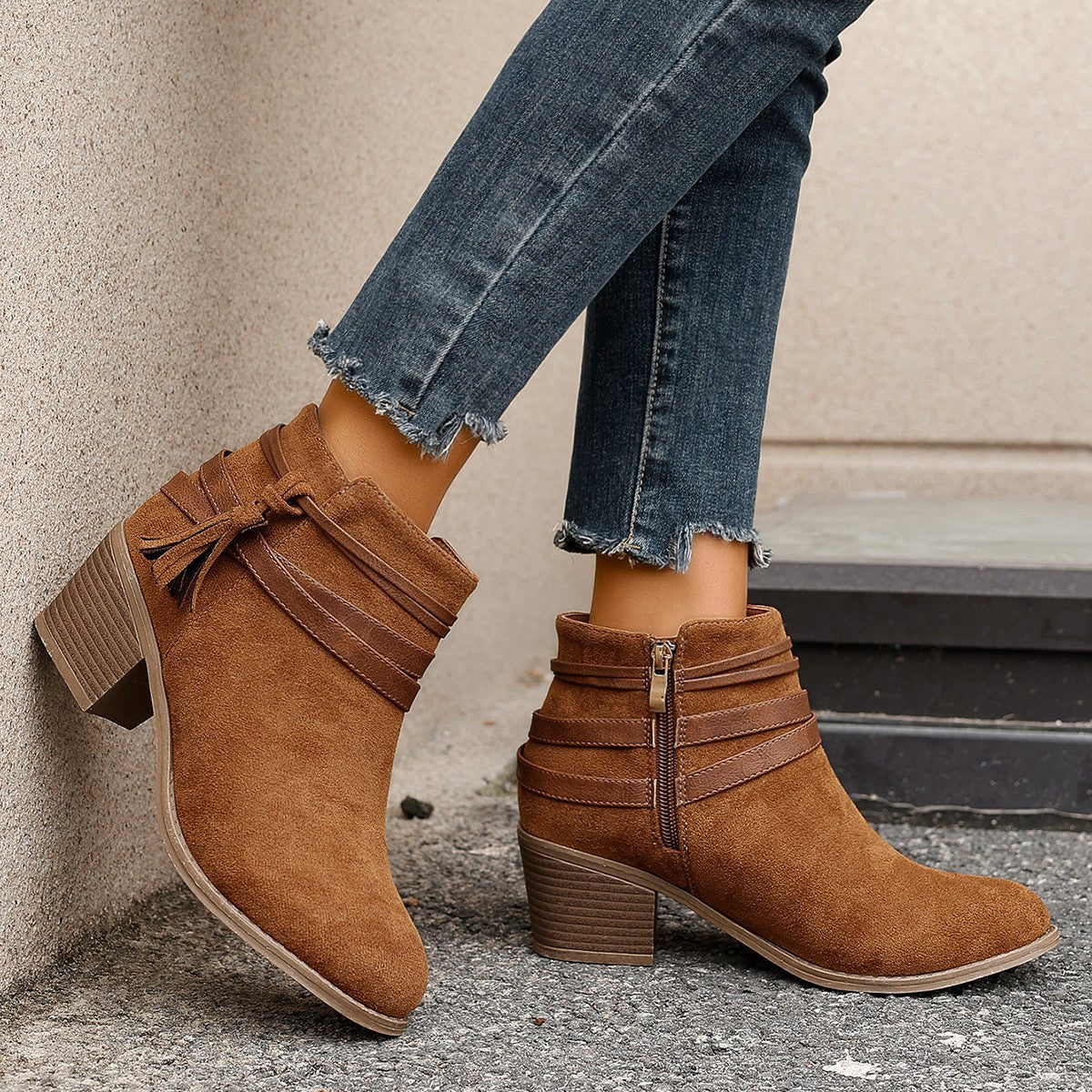 Women's Suede Chunky Heel Ankle Boots – Tassel Strap Side Zipper