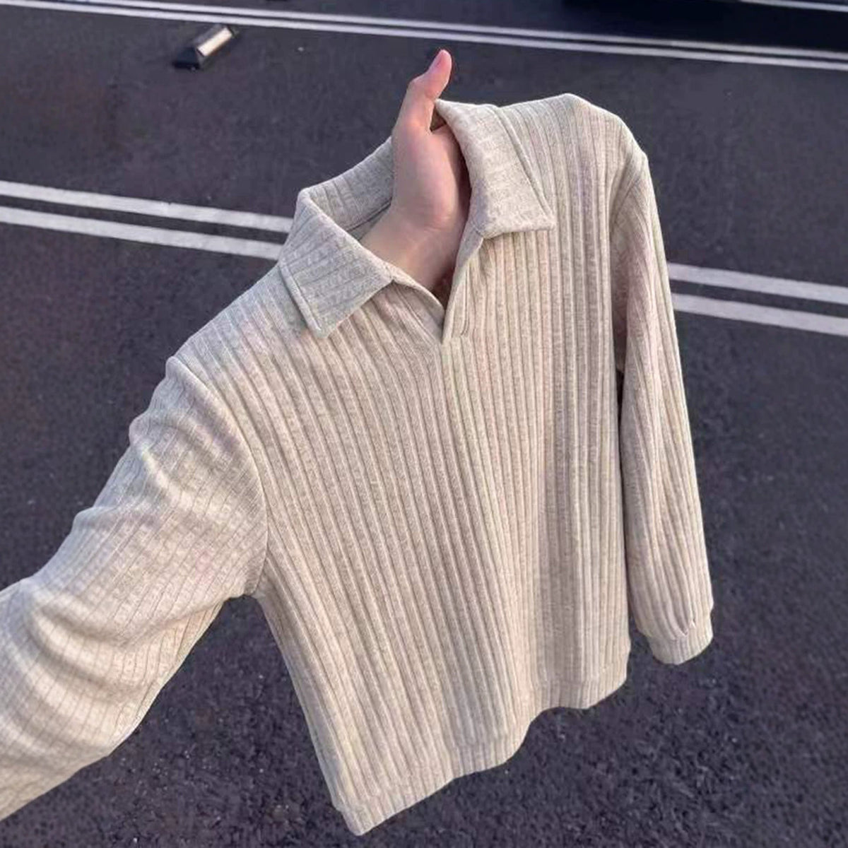 Old-money-style Vertical-striped Knit Mens American-style Long-sleeve Sweatshirt