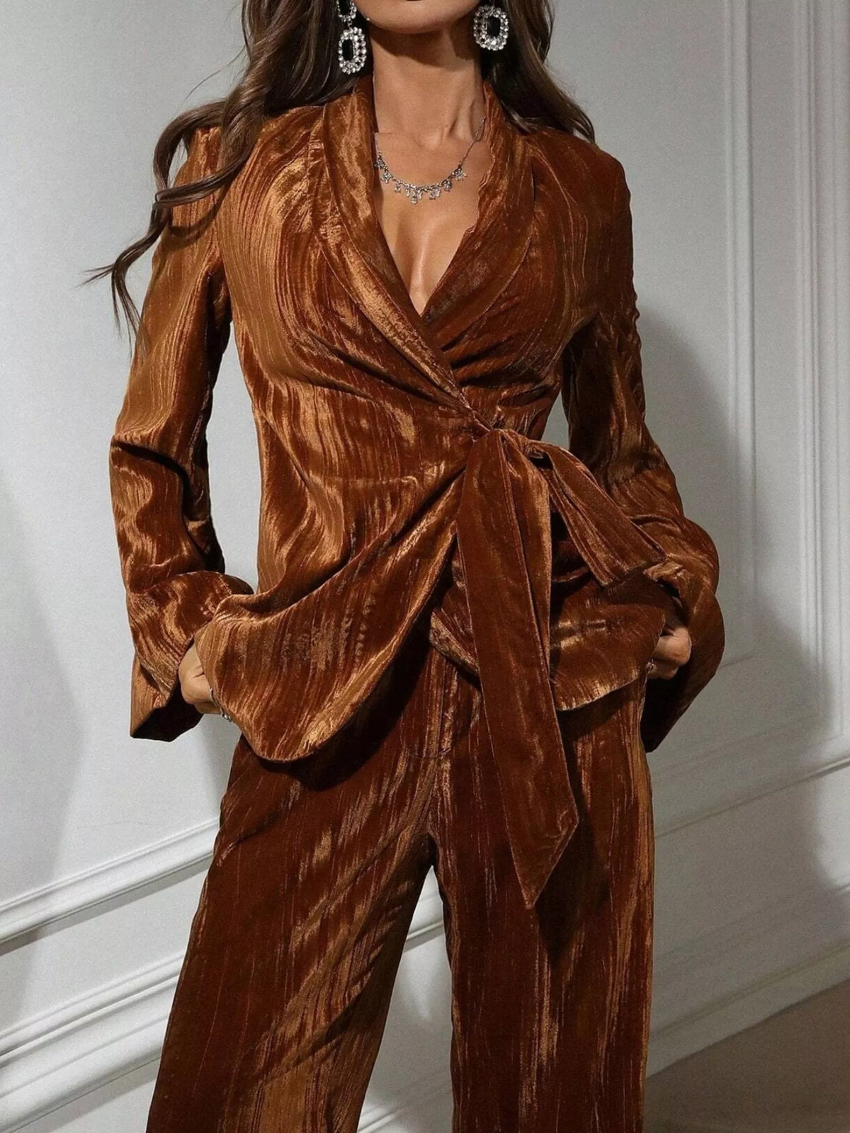 Velvet Tie Waist Blazer and Pants Set