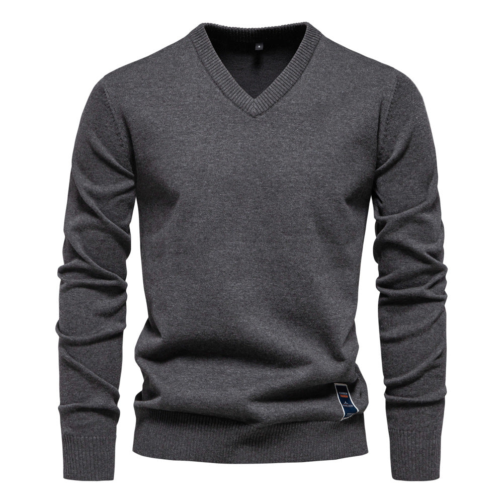 Autumn And Winter New Cotton Cross-border Trade Solid Color Sweater V-Neck Trendy Men's Sweater Men's Sweater