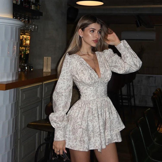 Retro Printed V-neck Long Sleeve Irregular Hem Dress