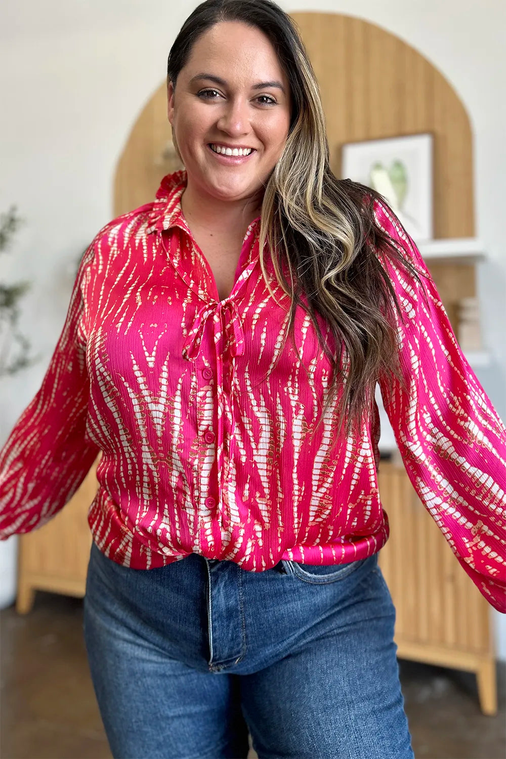 Camisa abotonada de manga larga estampada Full Size Double Take