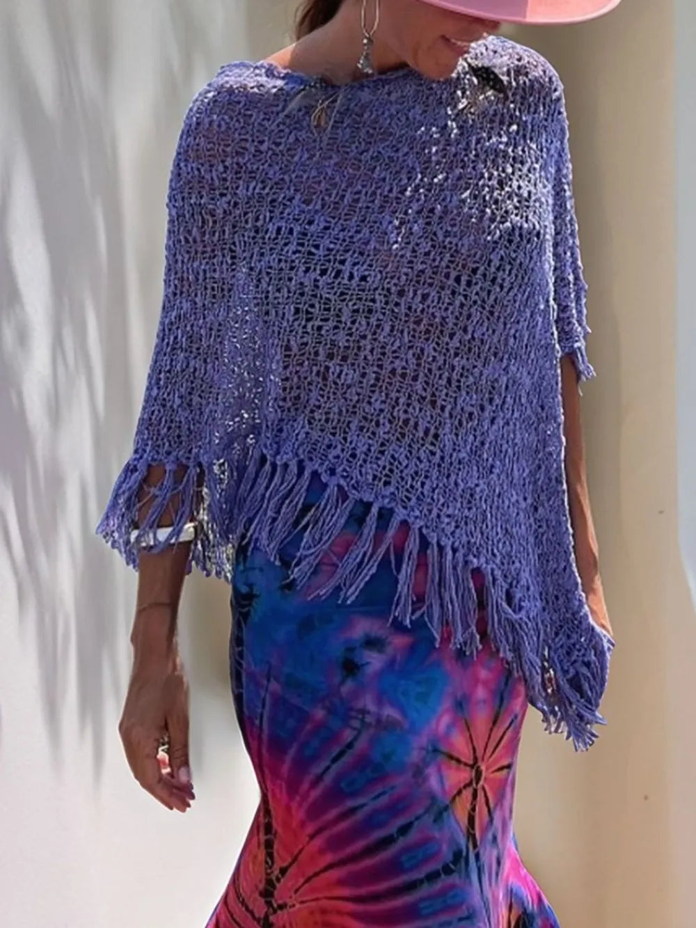 Tassel Boat Neck Knit Shawl