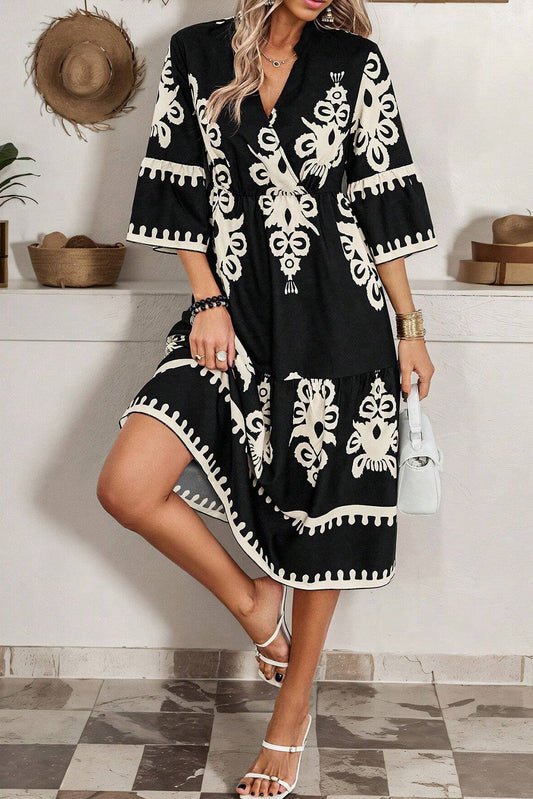 Vestido Midi Suelto de Manga 3/4 con Estampado Geométrico Occidental Negro