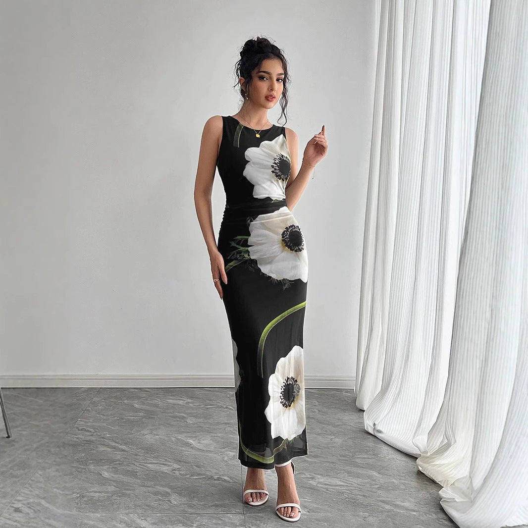 Women's Black Mesh Floral Print Sleeveless Dress Long Dress