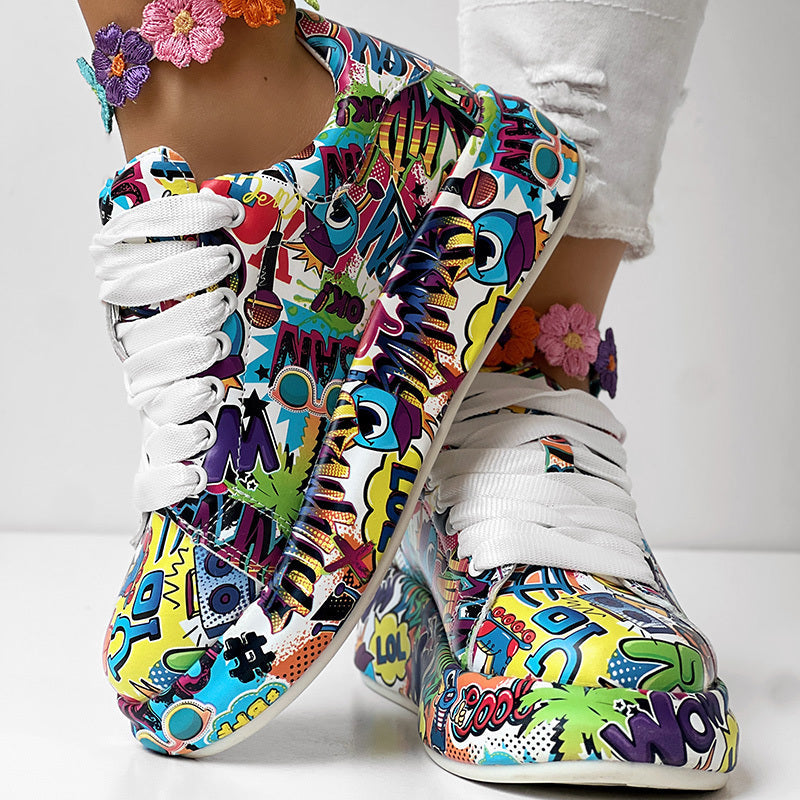 Zapatillas con cordones de punta redonda y suela gruesa — Zapatos casuales estampados para mujer