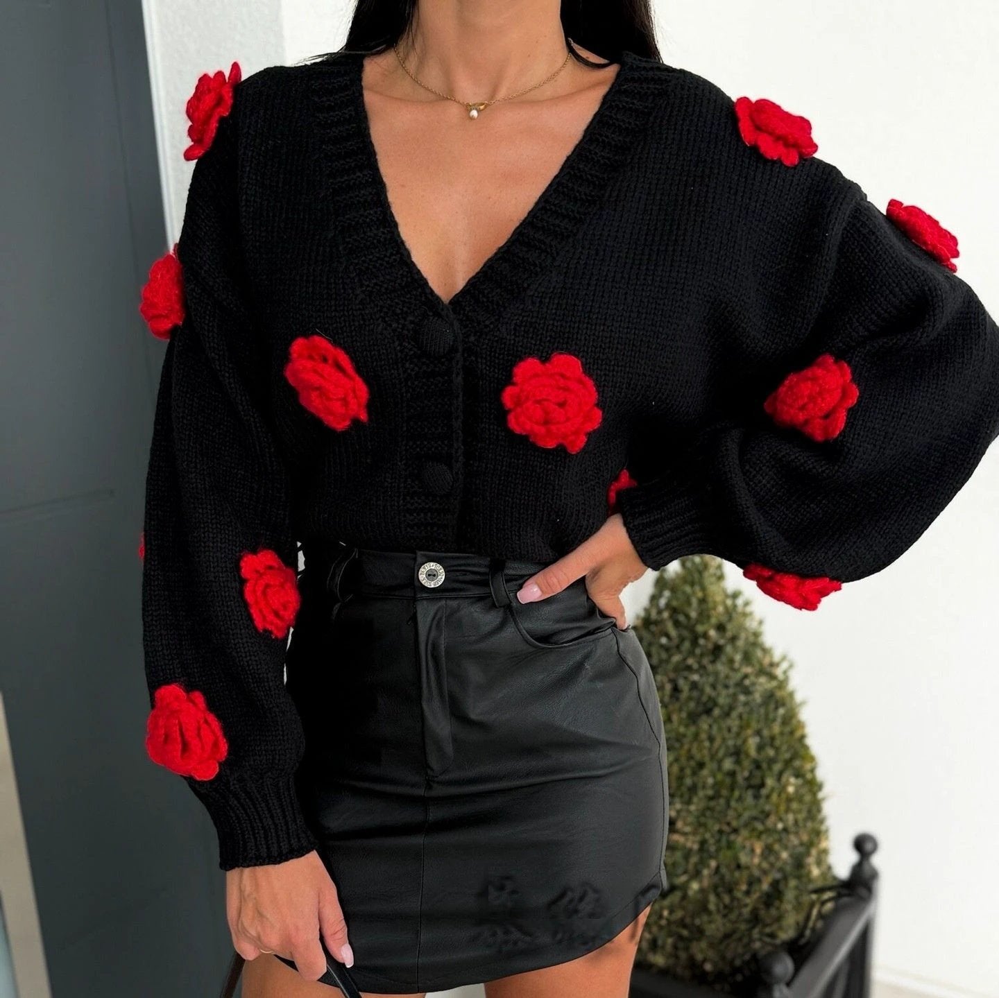 Three-dimensional Women's Flower Shape Loose V-neck Buttons Sweater