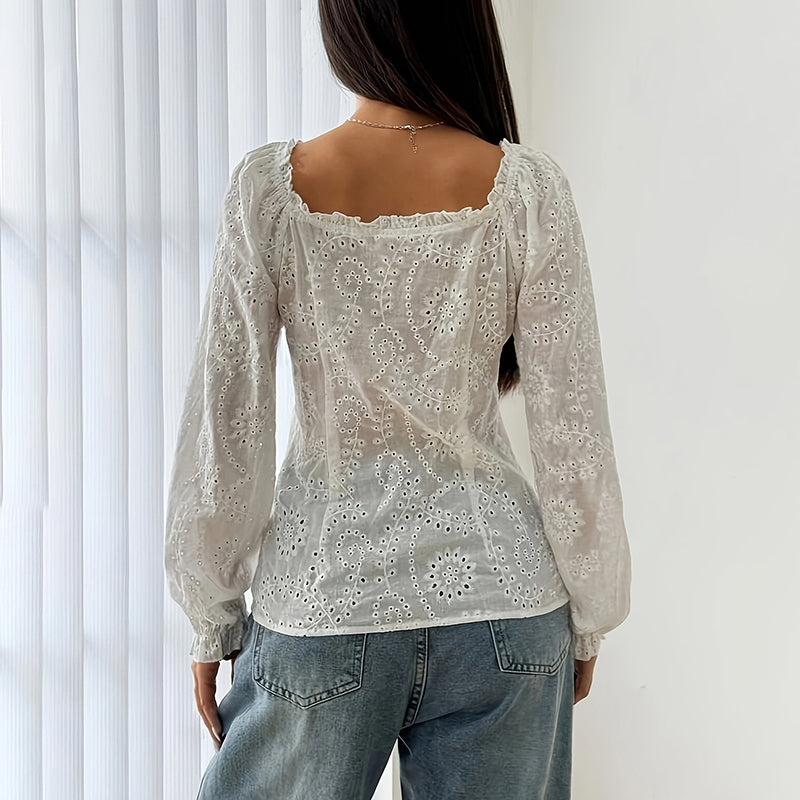 Blusa de mujer de encaje calado con cuello cuadrado – Top de manga abullonada con botones calados