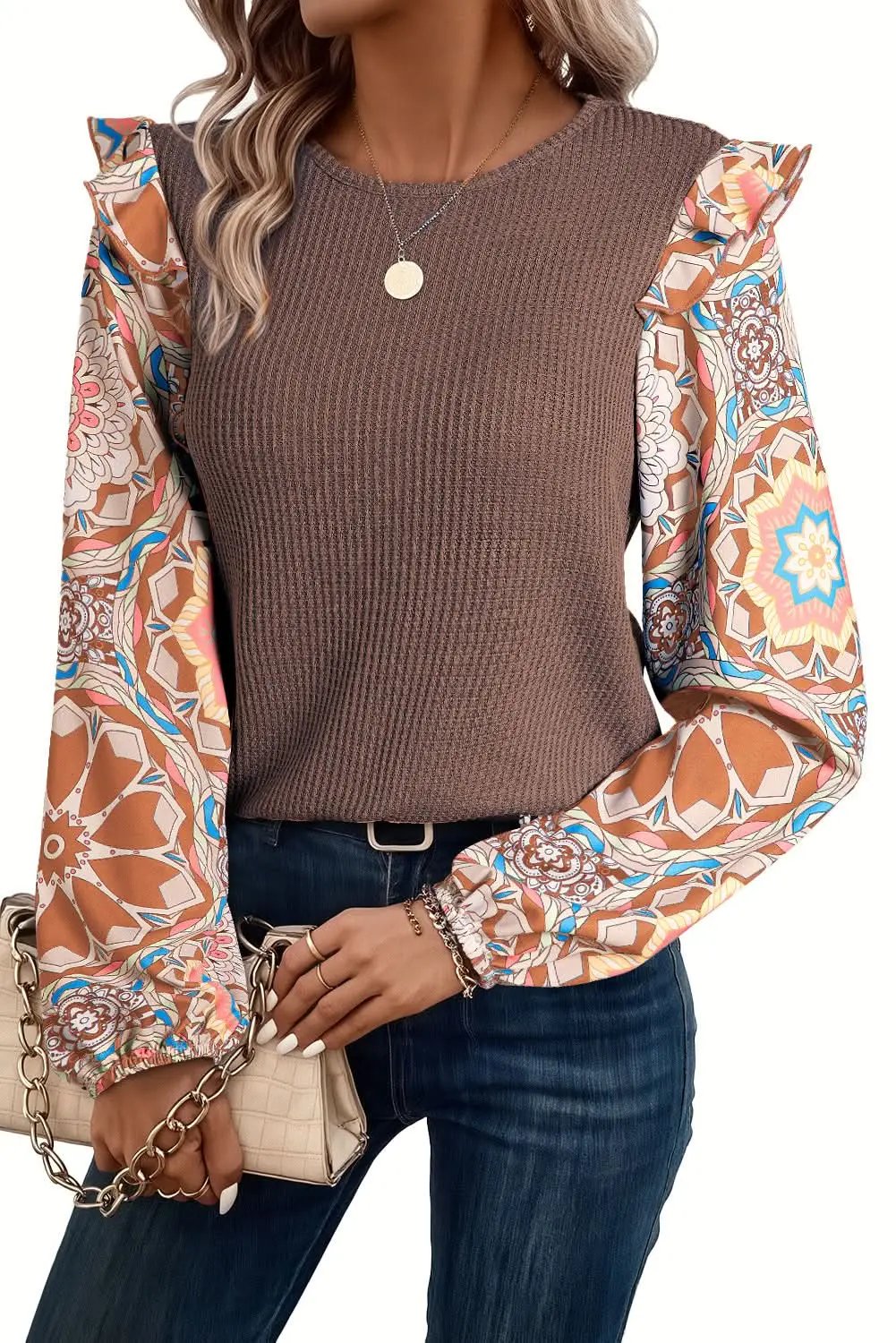 Love Salve Coffee Waffle Knit Blouse With Floral Patchwork