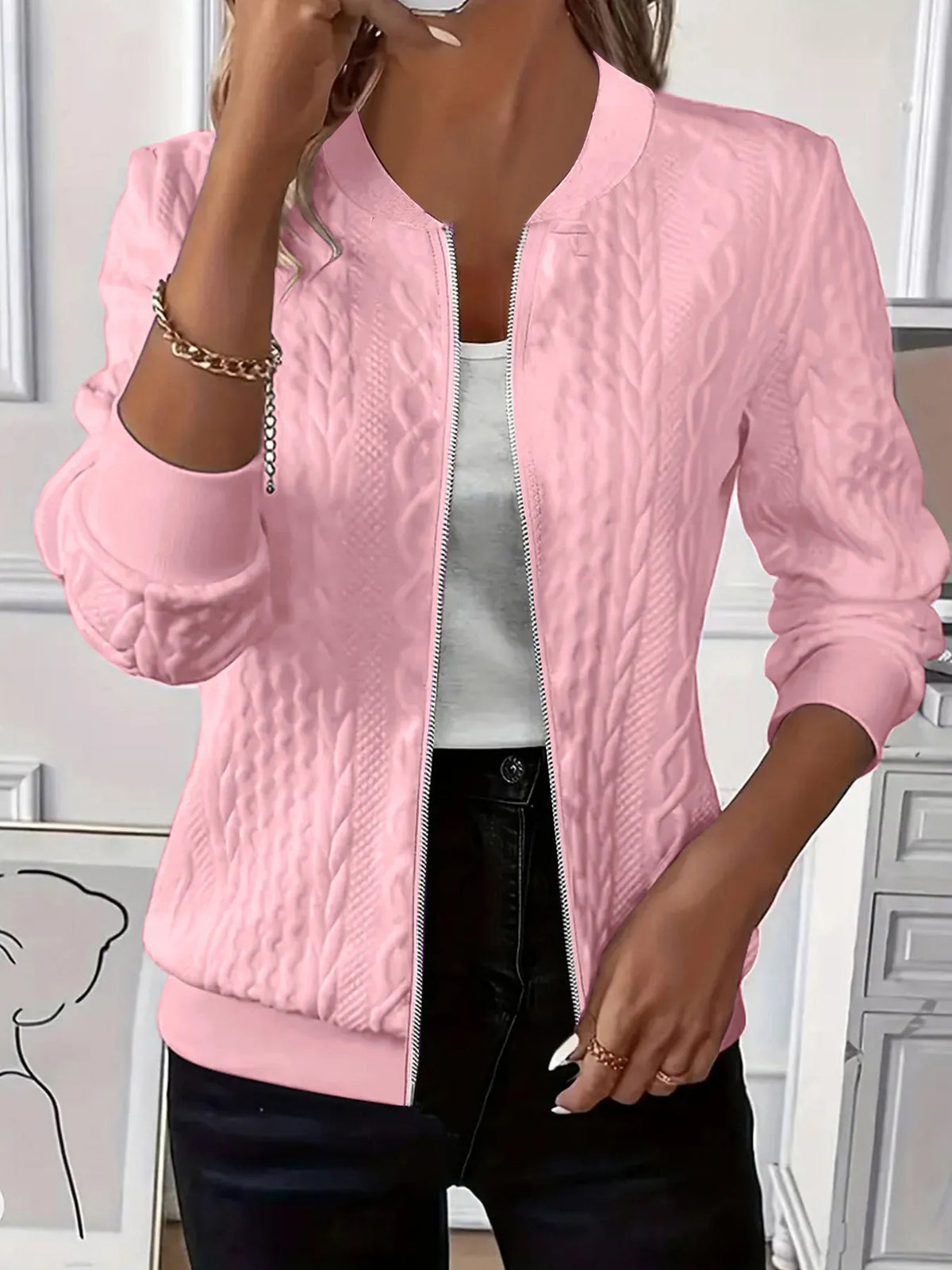 Texture Zip Up Long Sleeve Jacket