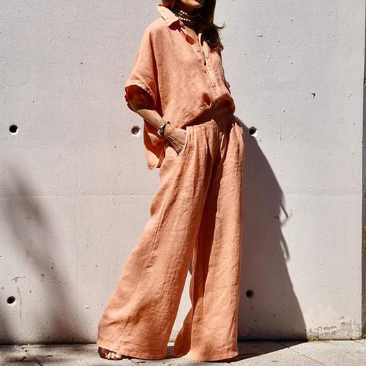 Traje de pantalón y top de algodón y lino suelto de color liso para mujer. Consulte la tabla de tallas en "más detalles".