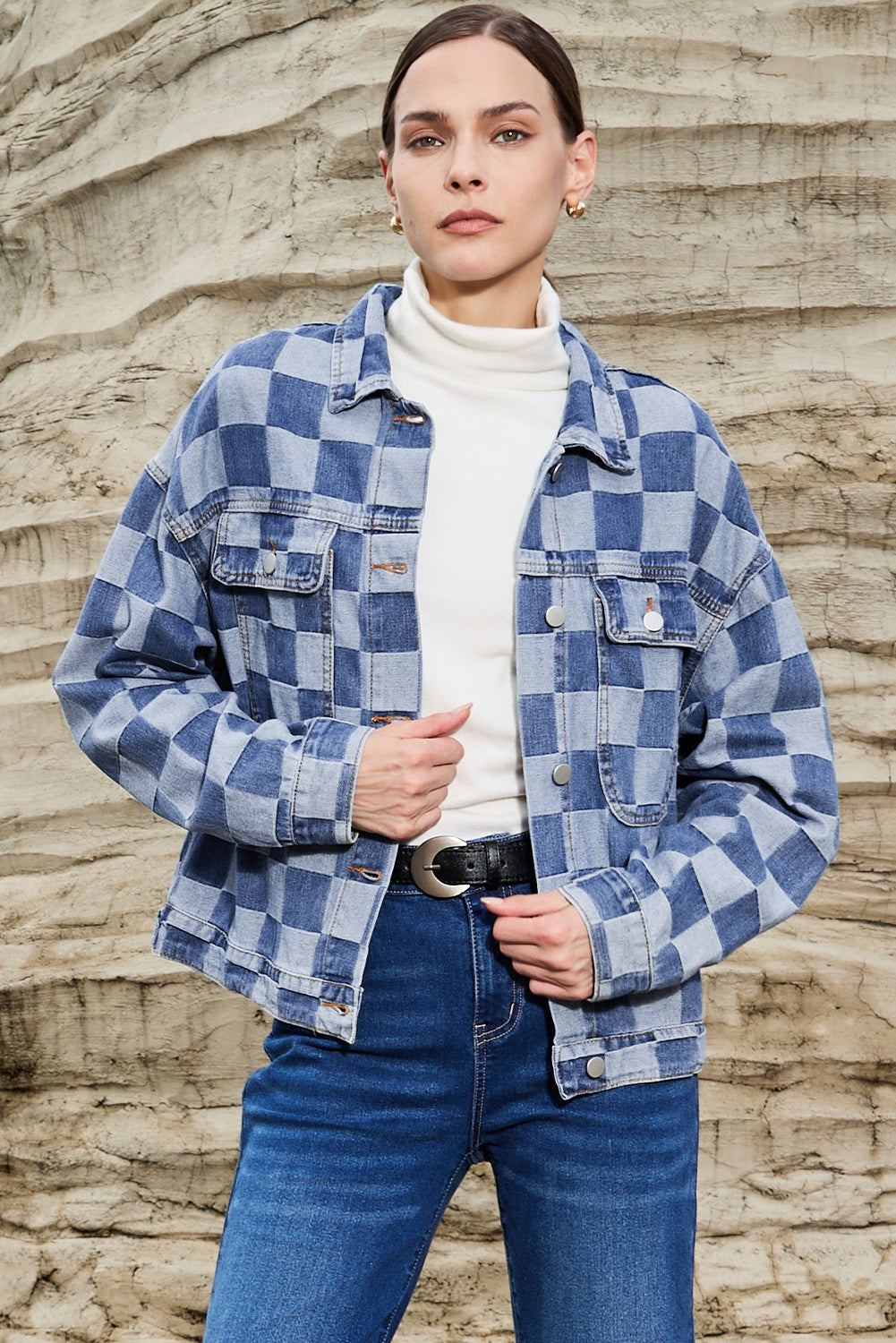 Chaqueta de jean con botones, a cuadros patchwork azul claro