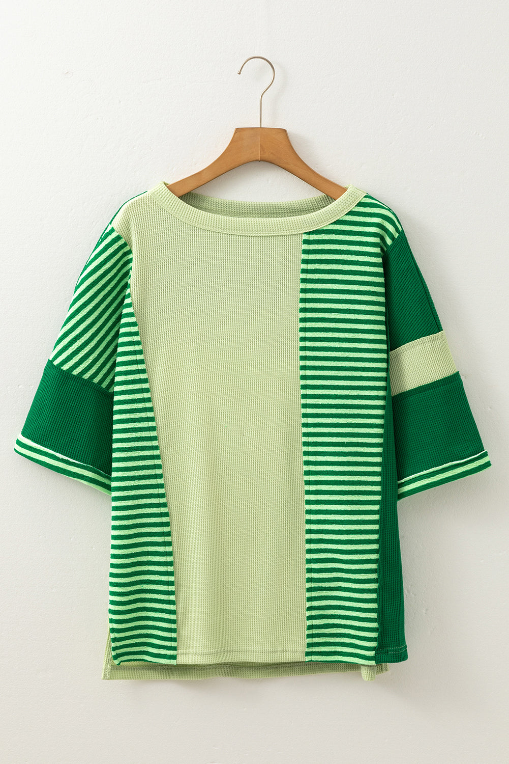 Top de punto colorblock texturizado a rayas patchwork verde menta de manga 3/4