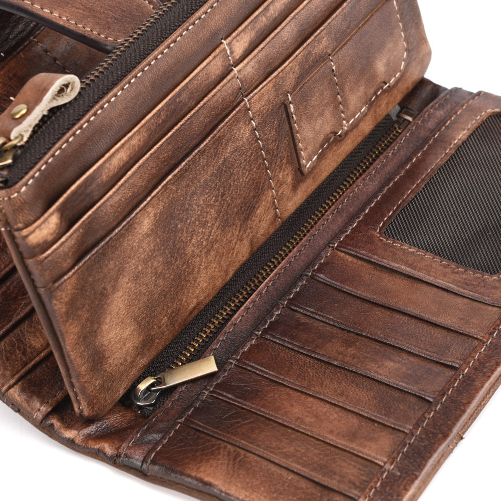 Men's Vintage Rubbed Leather Fashion Stitching Long Wallet