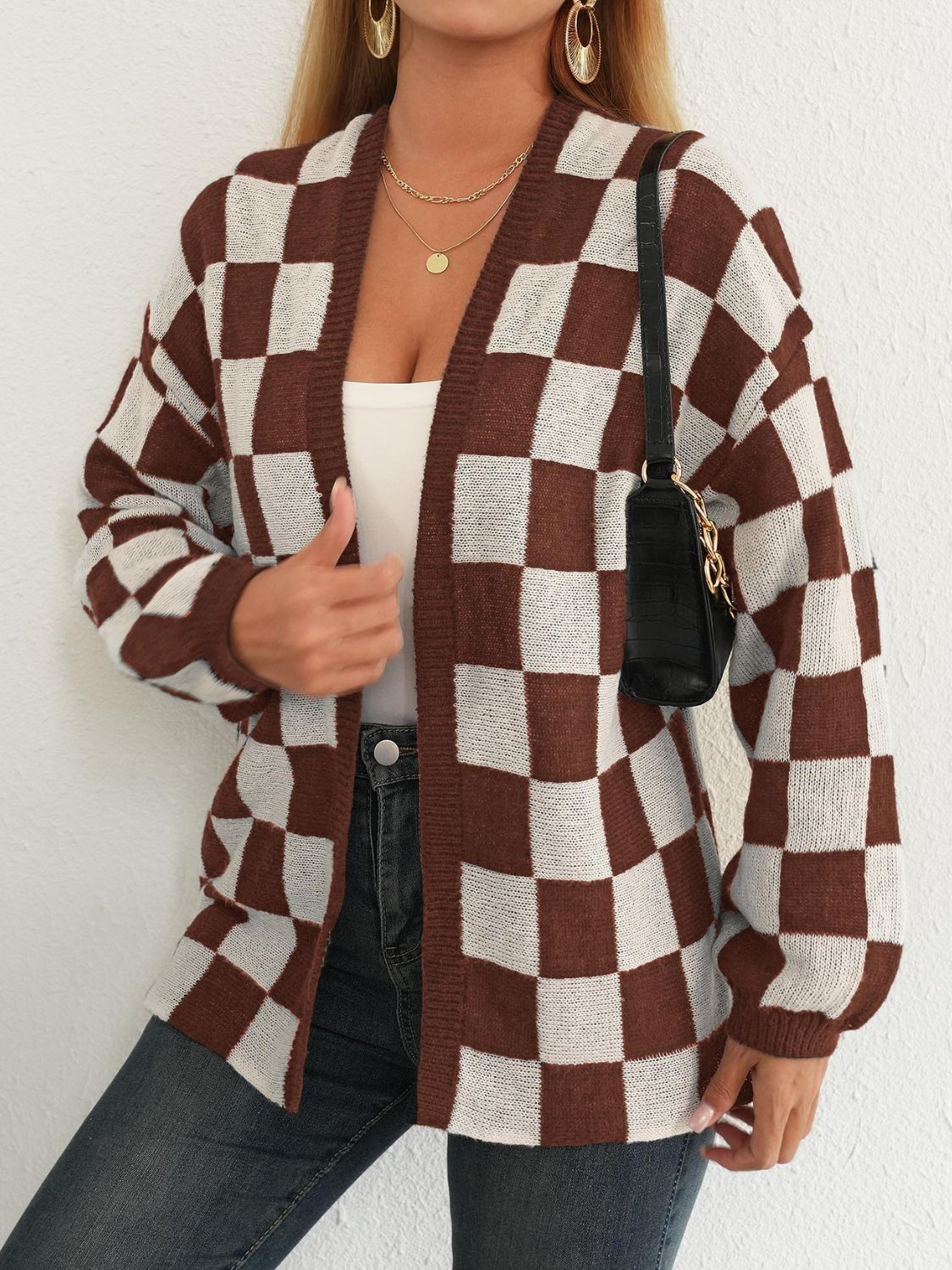 Black and White Checkered Cardigan - Checkered Open Front Long Sleeve Cardigan