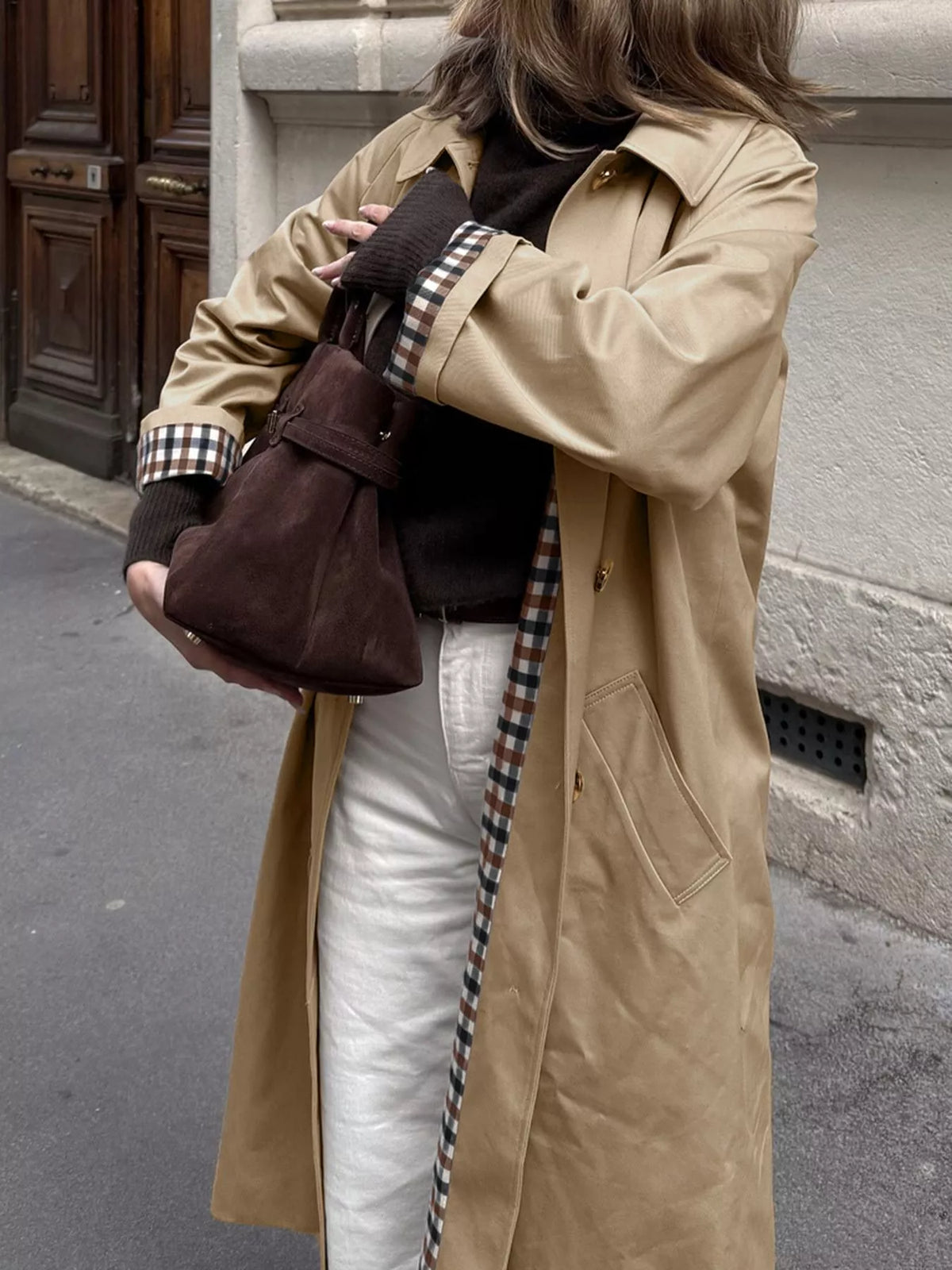 Checkered Lining Button Up Trench Coat