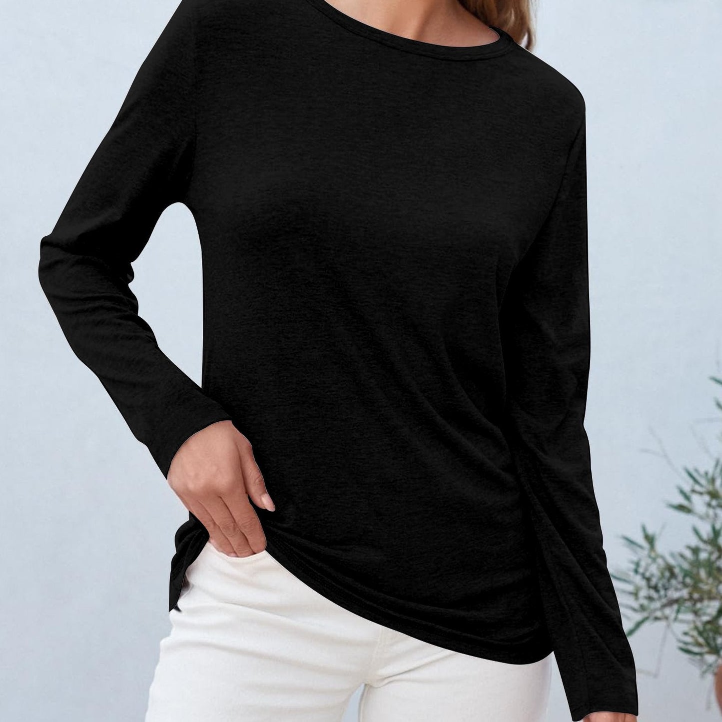 Camiseta de manga larga con cuello redondo, elástica y transpirable para mujer -