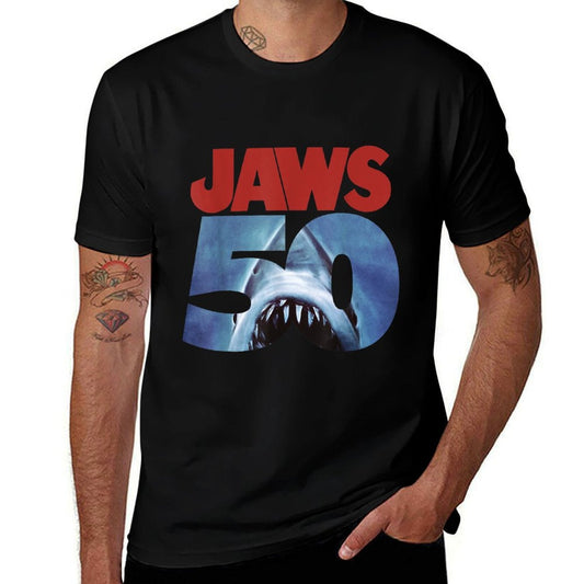 Camiseta con logotipo del 50 aniversario de Tiburón, a prueba de decoloración, delantera y trasera
