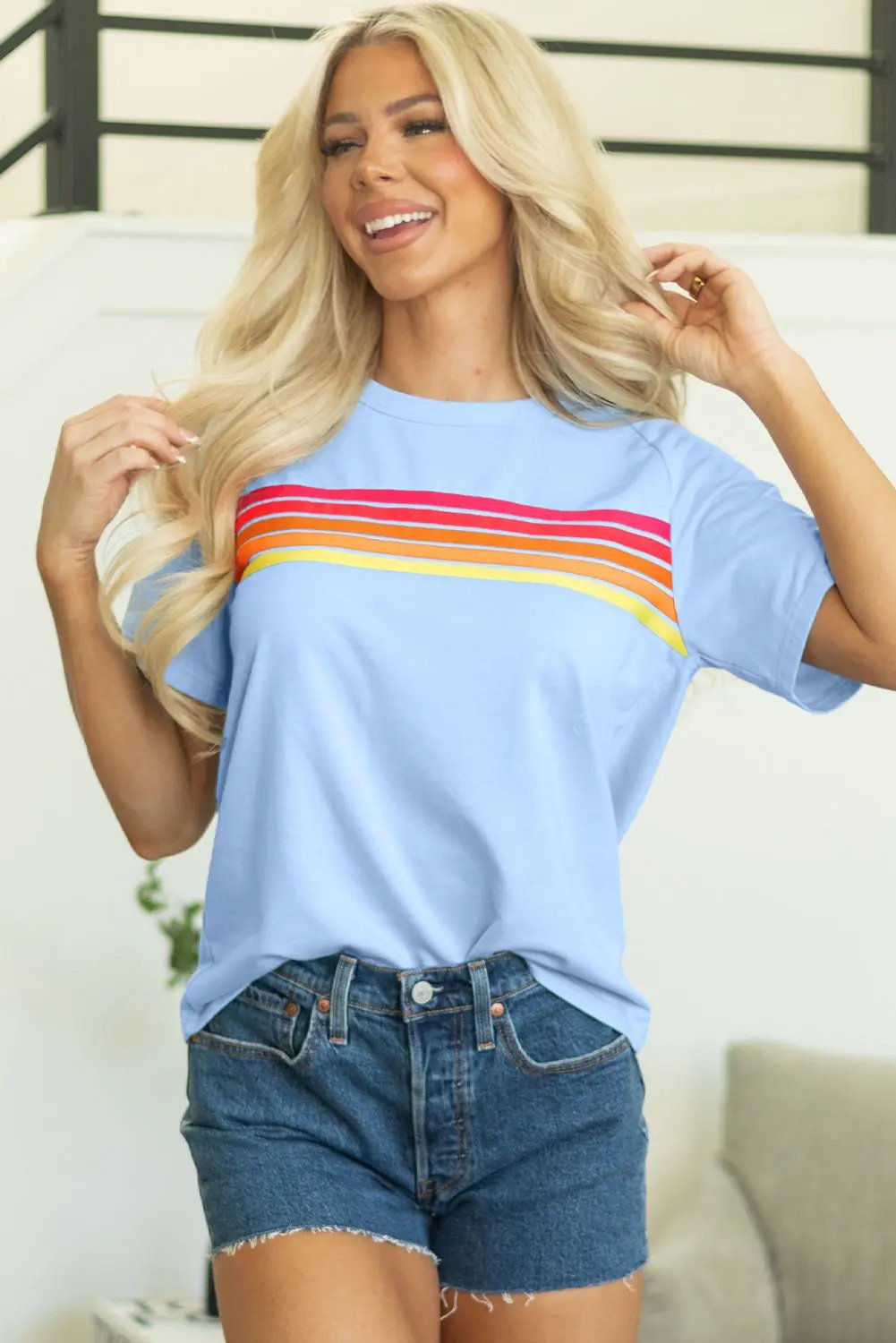 Women's Striped Top Women's Top - Striped Blue Patch Detail - Everyday Casual