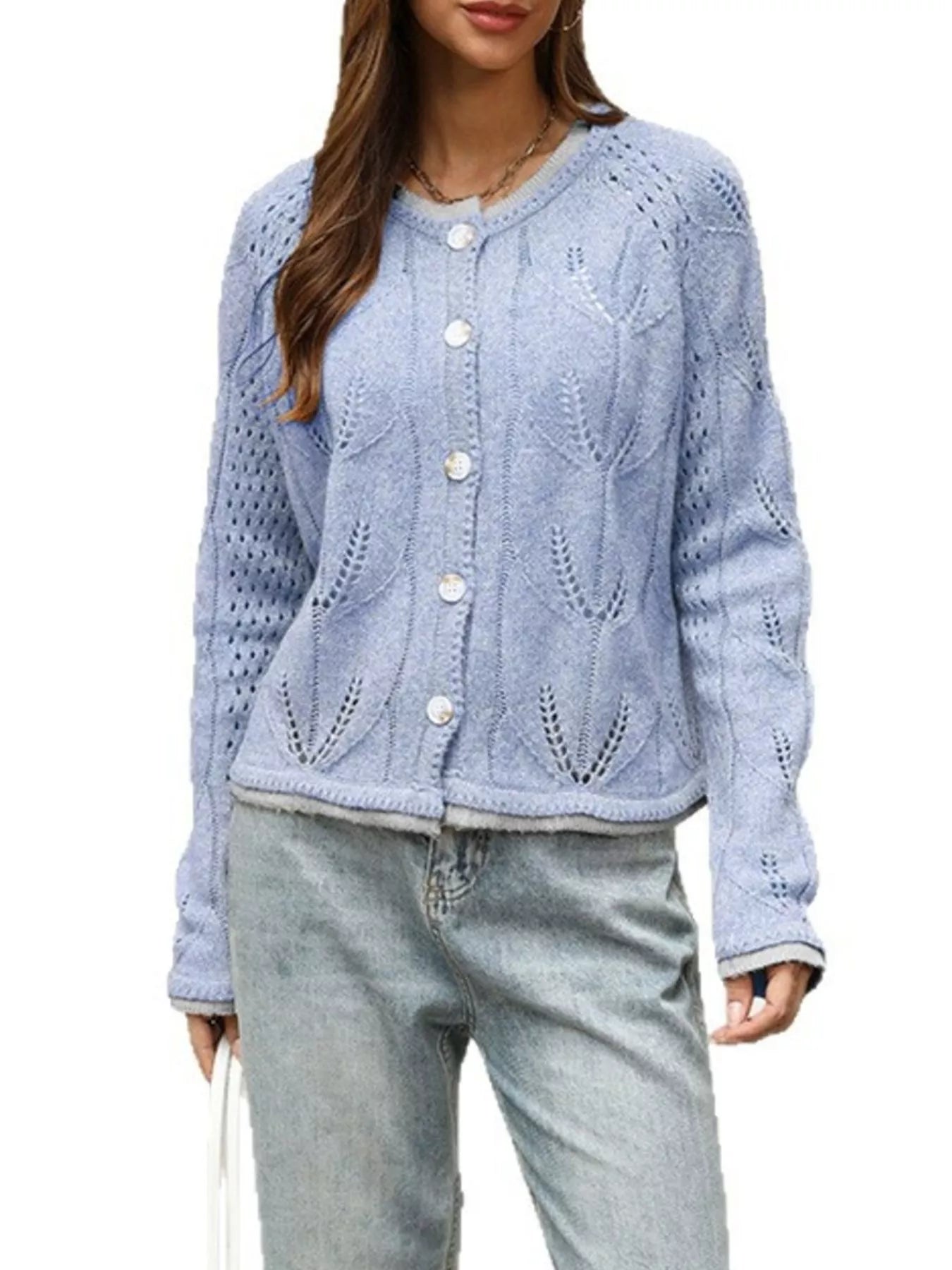 Hollow-Out Knit Button-Down Cardigan