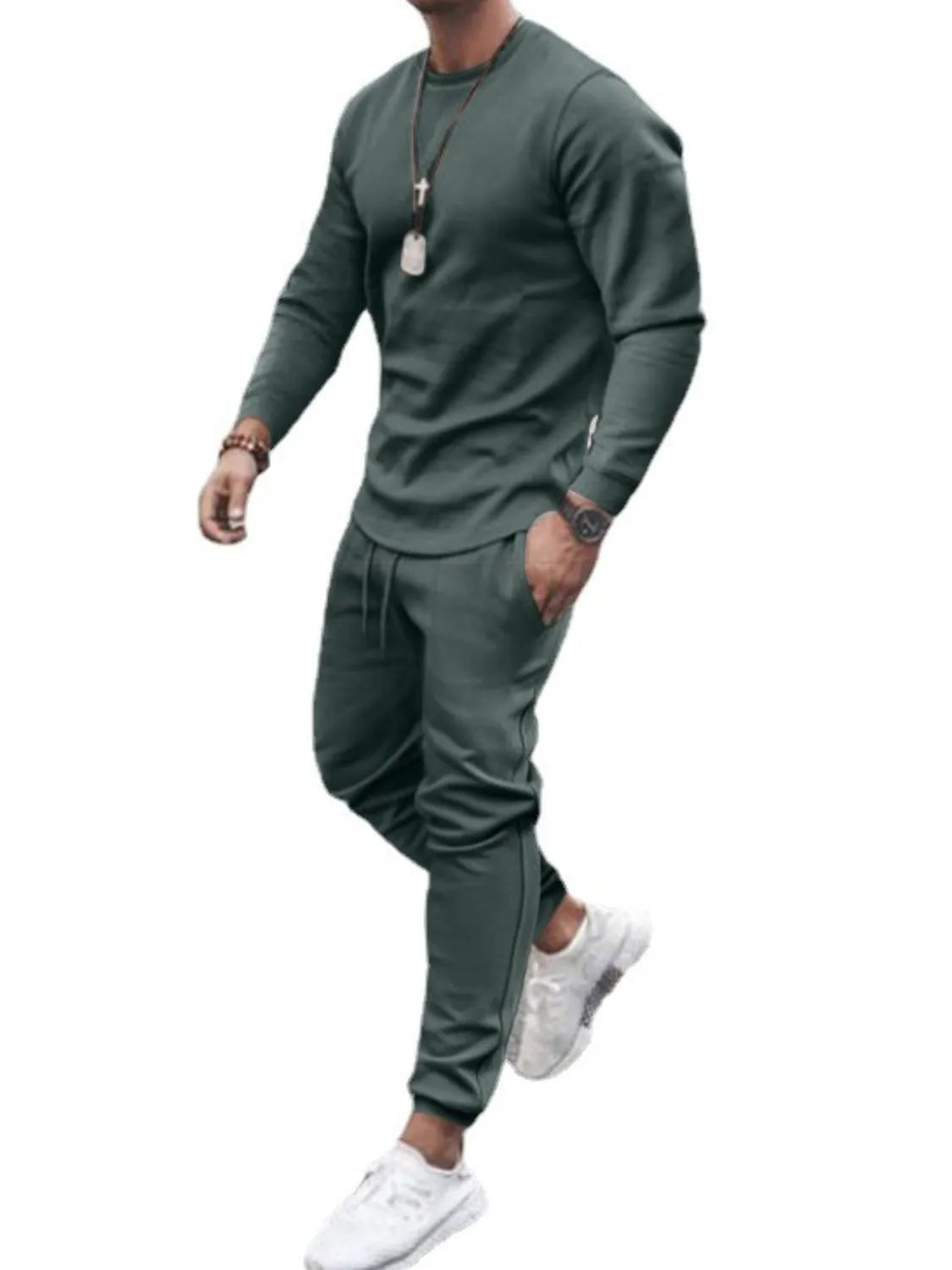 Conjunto de camiseta de manga larga con cuello redondo y pantalón para hombre, talla grande