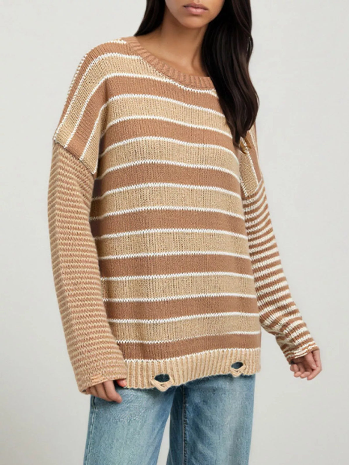 Oversized Striped Distressed Sweater