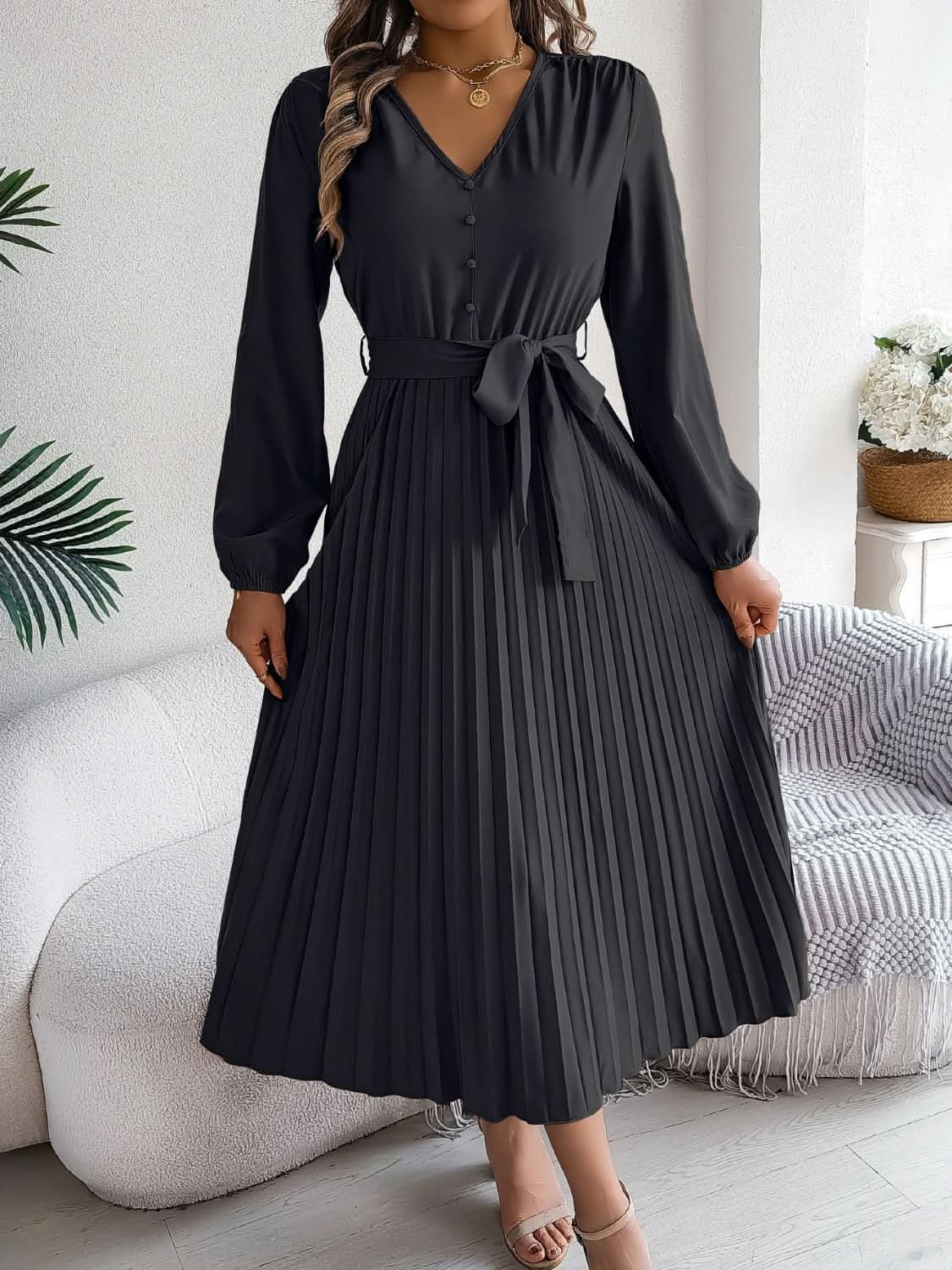 Dresses Trendsi V-Neck Dress Women's Elegant Long Sleeve Sheer Tie Dress Fashion