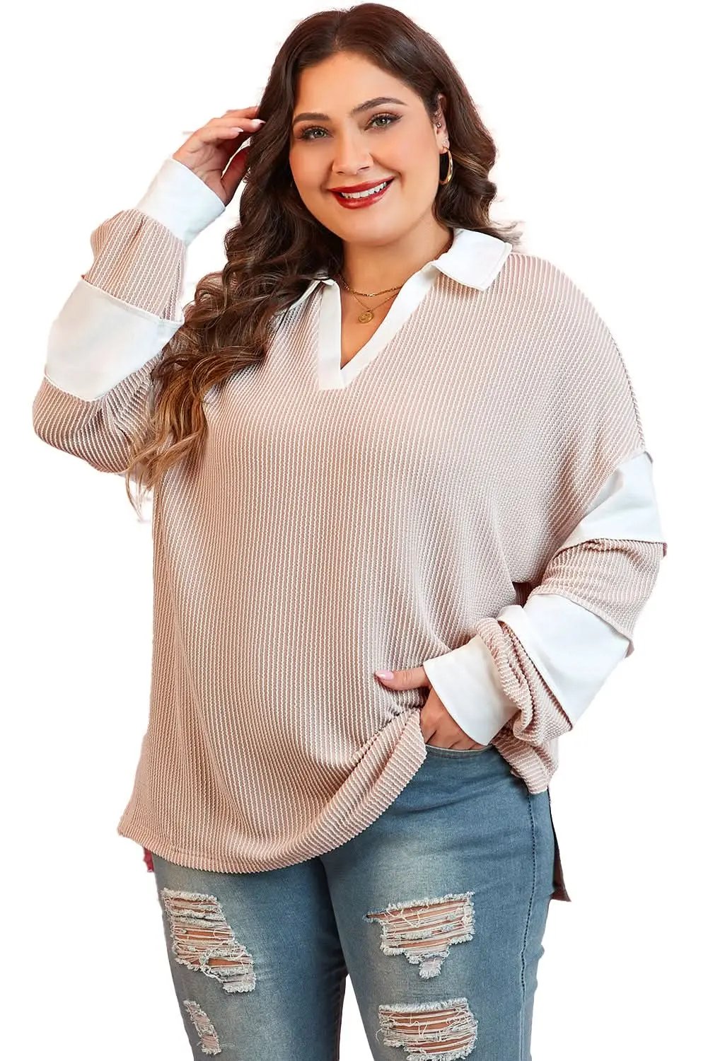 Plus Size/Plus Size Tops/Plus Size Long Sleeve Tops Love Salve Colorblock V-Neck Women's Casual Top: Everyday Style, Slit Detail