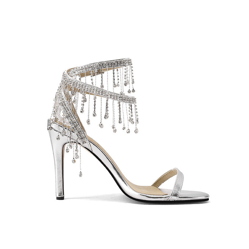 Women's Minimalist Single-strap Sandals with Rhinestone Fringe