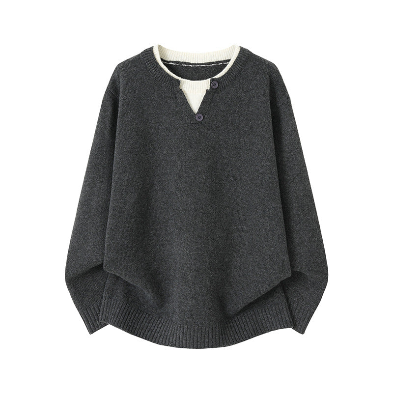 Mens Mock Two-Piece V-Neck Round-Neck Sweater