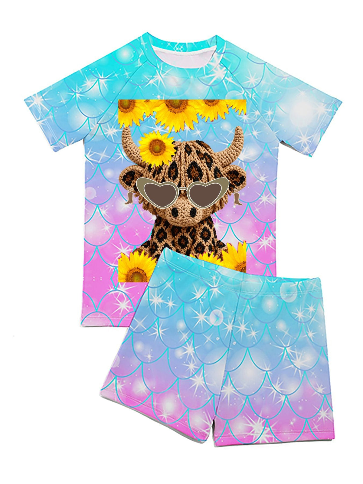 Yarn Highland Cow with Sunflowers Short Sleeved 2-piece Swim Set for Children