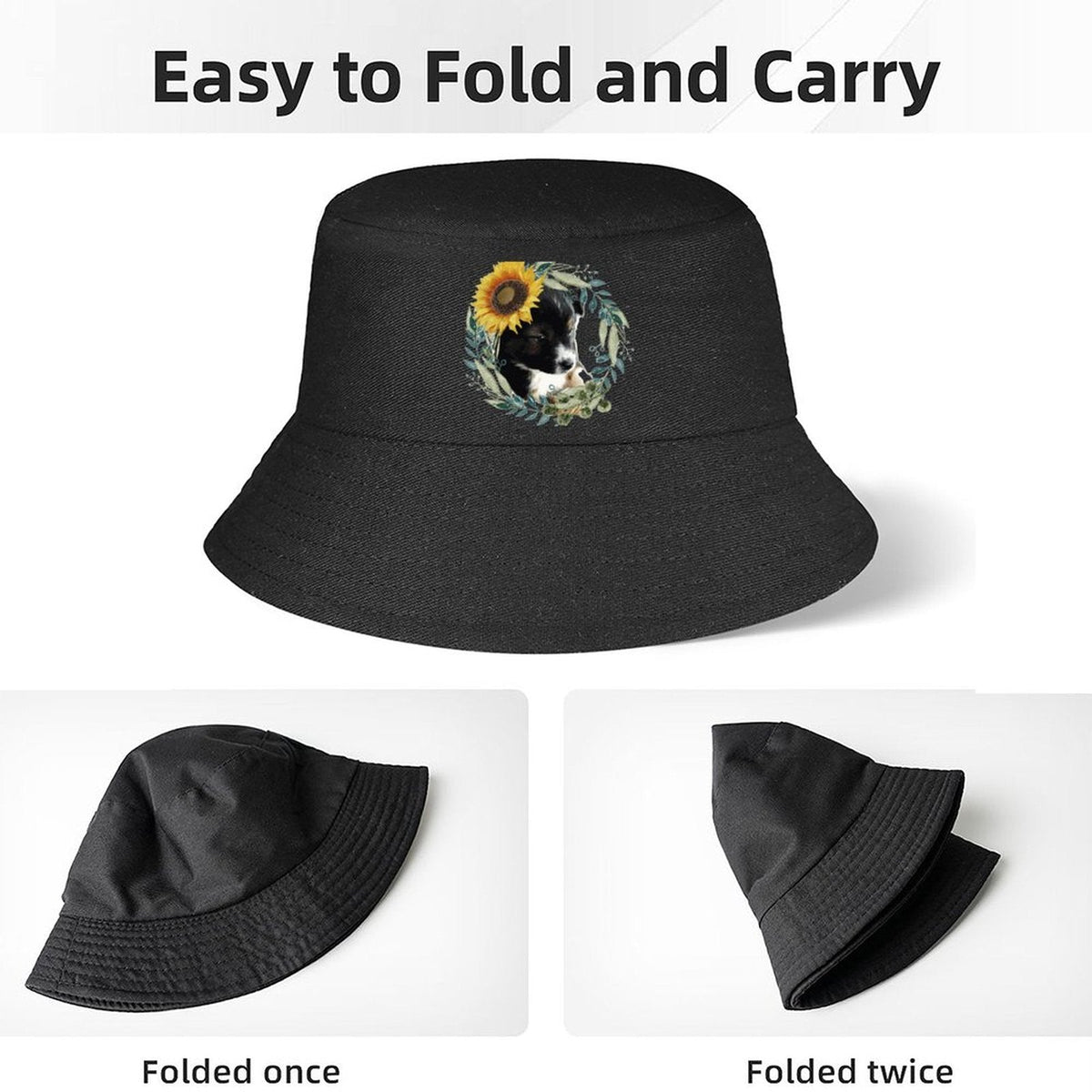 Black Bucket Hat with Cute Puppy for Women & Men (Front Printing)