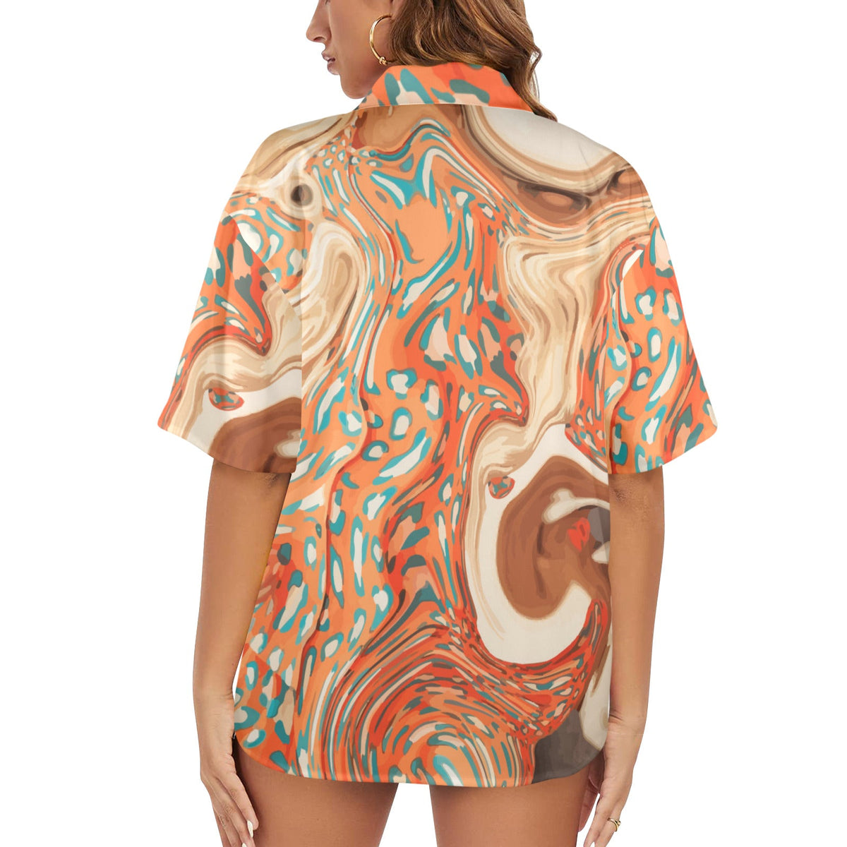 Women's Orange Marble Printed Hawaiian Shirt (Made in USA)