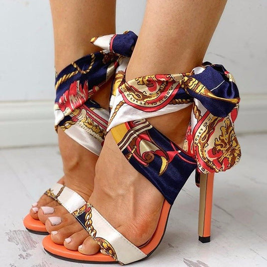 Women's Floral Ribbon Stiletto Heels – Open Toe High Heels