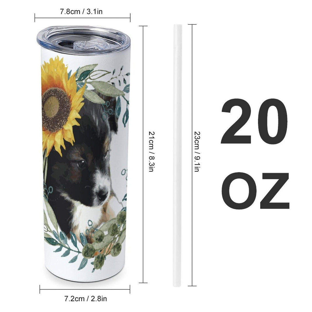 Cute Black Puppy with Sunflower 20oz Large Capacity Tumbler with Lid