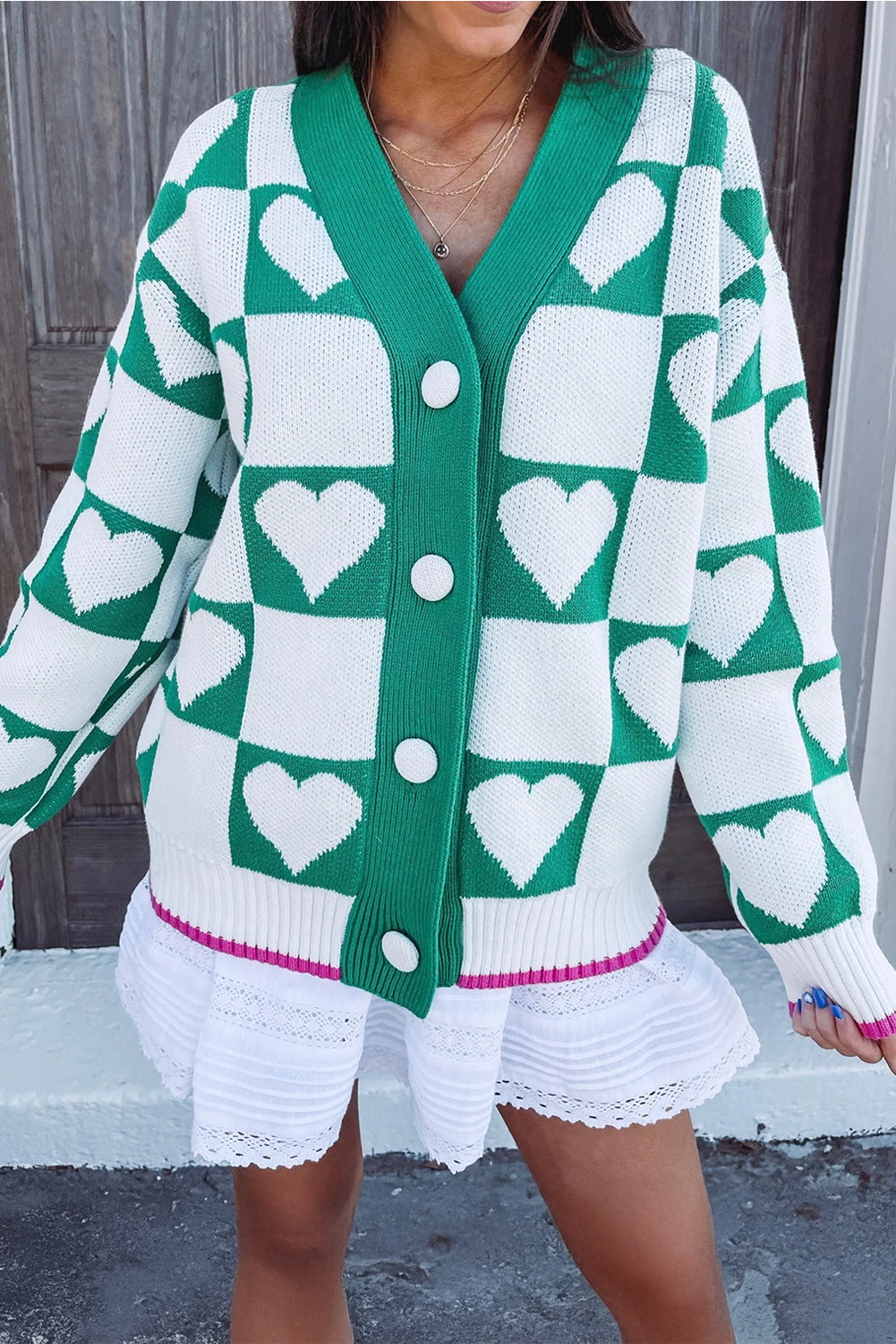 Cárdigan de punto con cuello en V y botones, a cuadros verde mar con corazón
