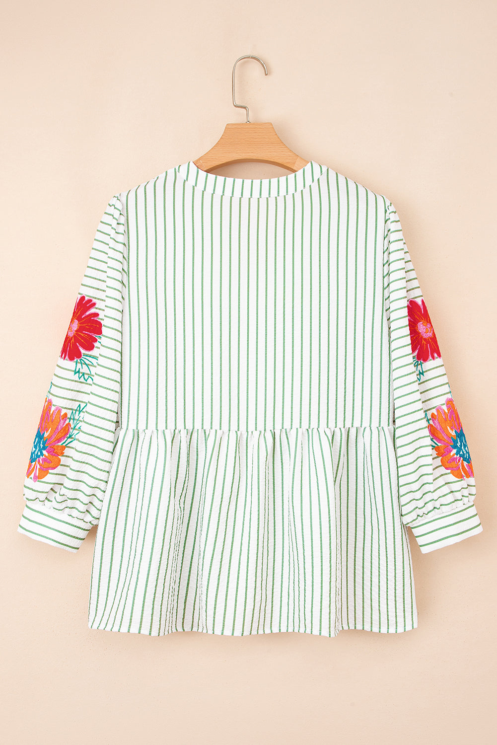 Blusa Babydoll Escote V con Muesca y Manga Abullonada con Rayas Verdes Florales