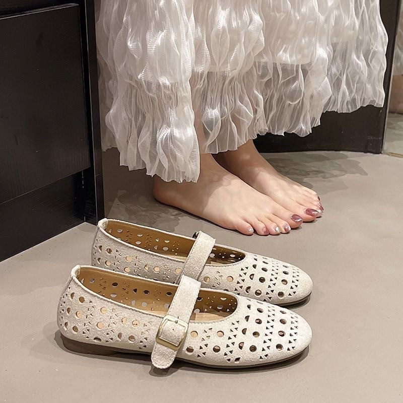 Women French Vintage Cutout Perforated Flats, Round Toe Full Carved Matte Suede Lightweight Summer Vacation Casual Walking Ballet Shoes