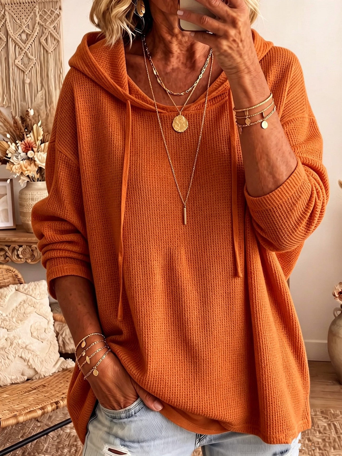 Casual Solid-color Loose-fitting Sweatshirt With A Hood