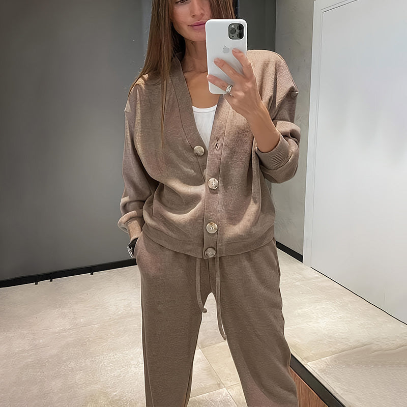 Cárdigan de punto casual con bolsillo y pantalón de salón con cordón ajustable