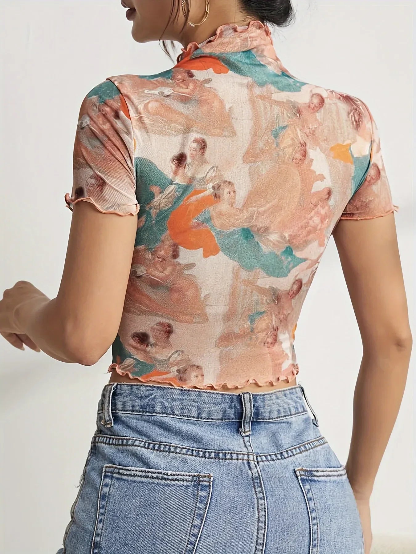 Abstract Print Ruffled Mock Neck Crop T-Shirt | Trendy Streetwear – Bona Fide Fashion
