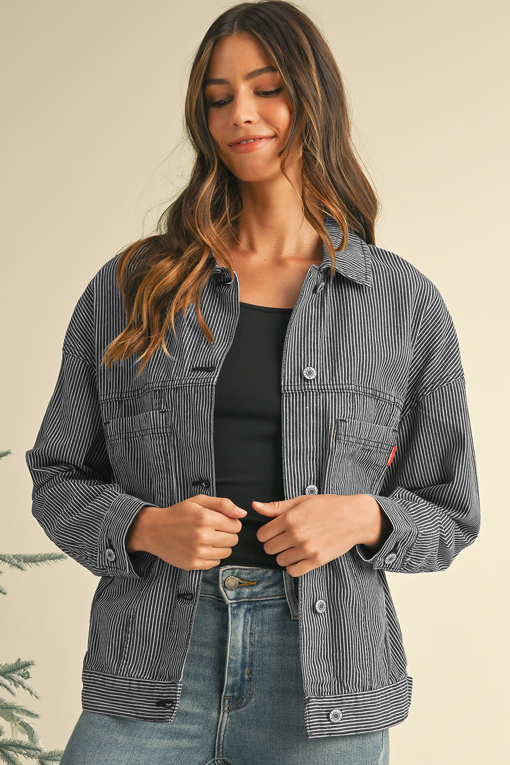 Chaqueta vaquera oversize con bolsillo, lavada a la piedra, a rayas azules